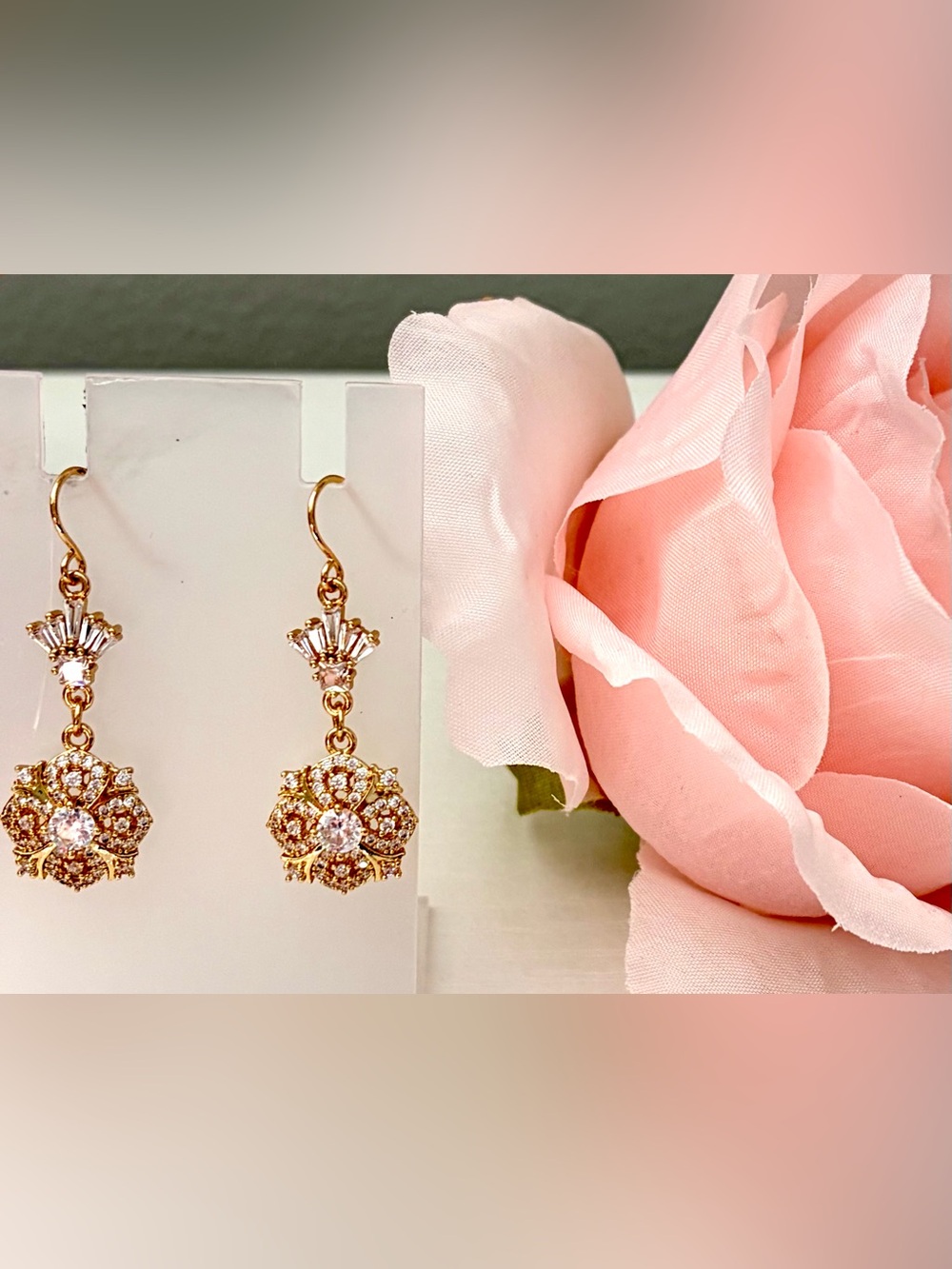 18K Gold Plated Stainless Steel Crystal Floral Dangle Earrings
